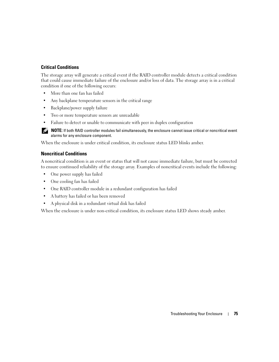 Critical conditions, Noncritical conditions | Dell PowerVault MD3000 User Manual | Page 75 / 112
