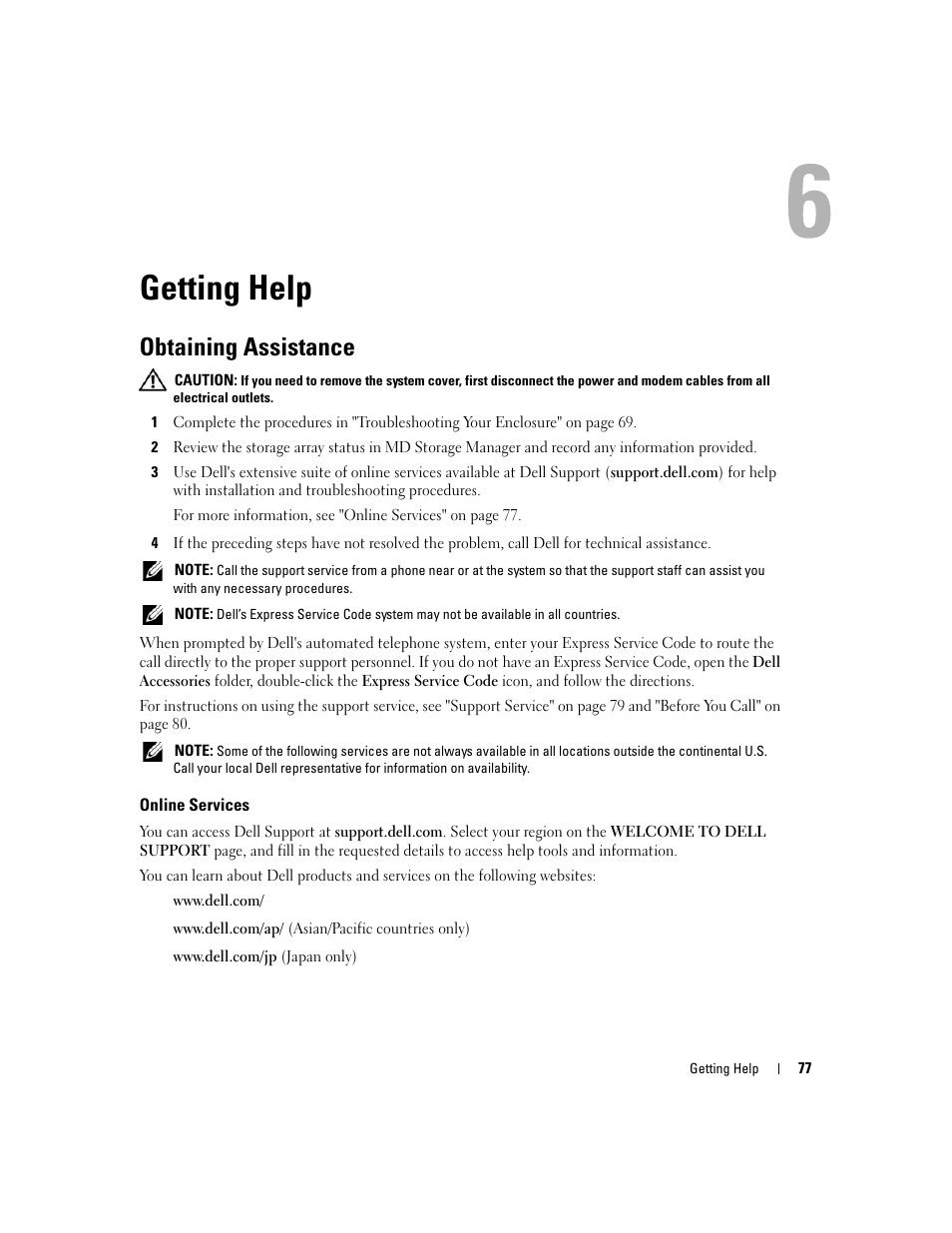 Getting help, Obtaining assistance, Online services | Dell PowerVault MD3000 User Manual | Page 77 / 112