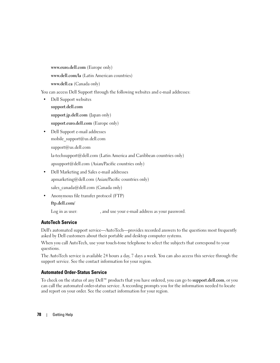 Autotech service, Automated order-status service | Dell PowerVault MD3000 User Manual | Page 78 / 112