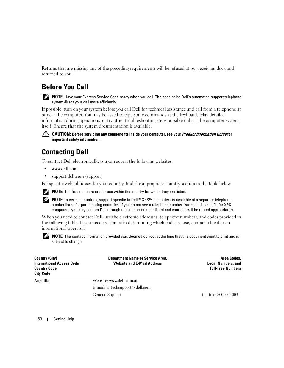 Before you call, Contacting dell | Dell PowerVault MD3000 User Manual | Page 80 / 112