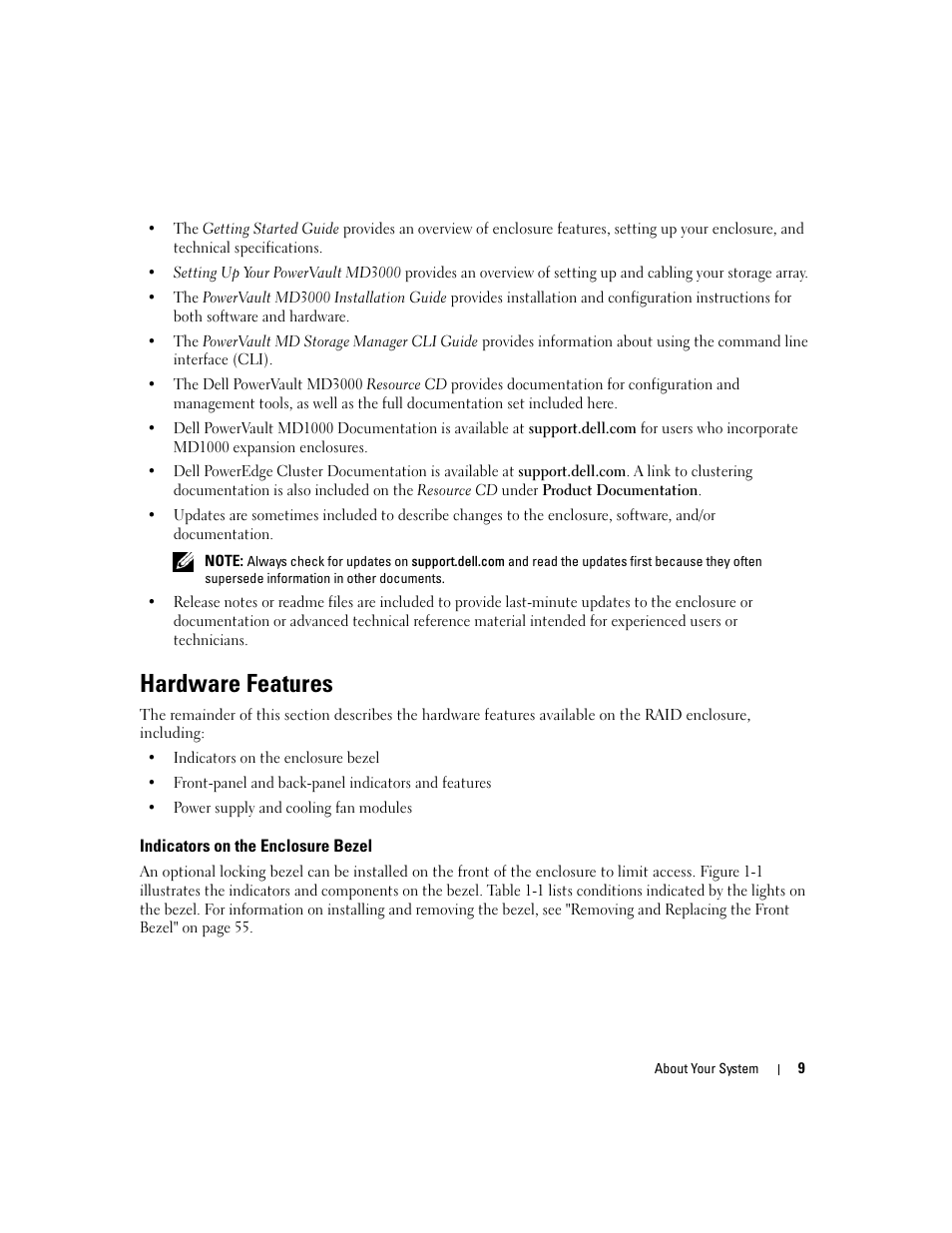 Hardware features, Indicators on the enclosure bezel | Dell PowerVault MD3000 User Manual | Page 9 / 112