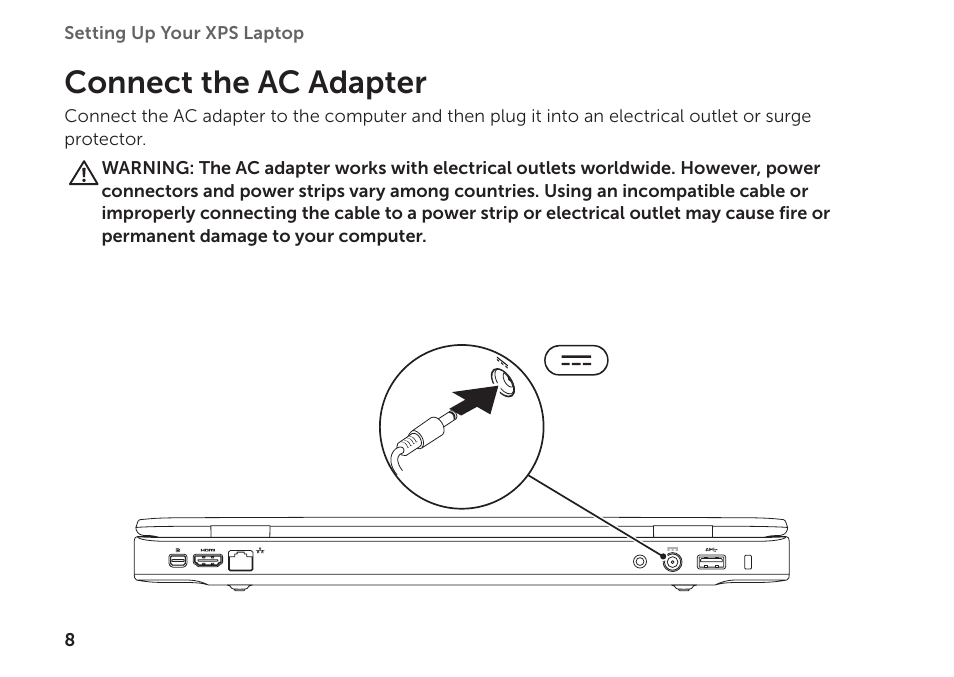 Connect the ac adapter | Dell XPS 15 (L502X, Early 2011) User Manual | Page 10 / 112