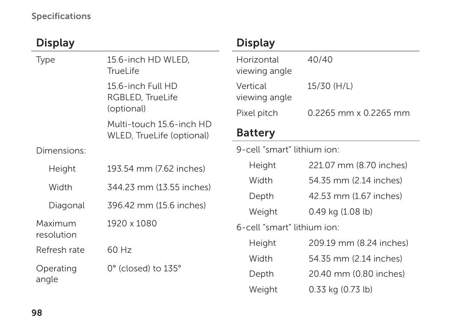 Display, Battery | Dell XPS 15 (L502X, Early 2011) User Manual | Page 100 / 112