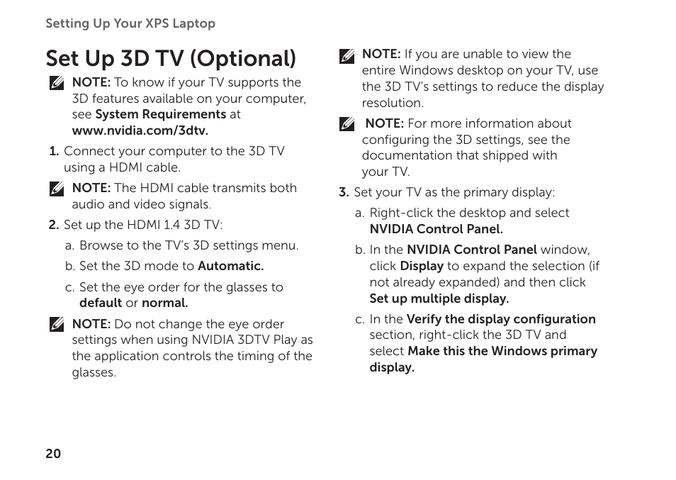 Set up 3d tv (optional) | Dell XPS 15 (L502X, Early 2011) User Manual | Page 22 / 112