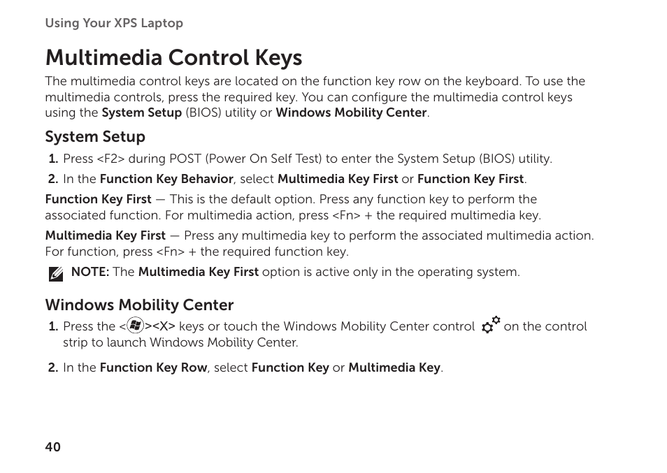 Multimedia control keys | Dell XPS 15 (L502X, Early 2011) User Manual | Page 42 / 112