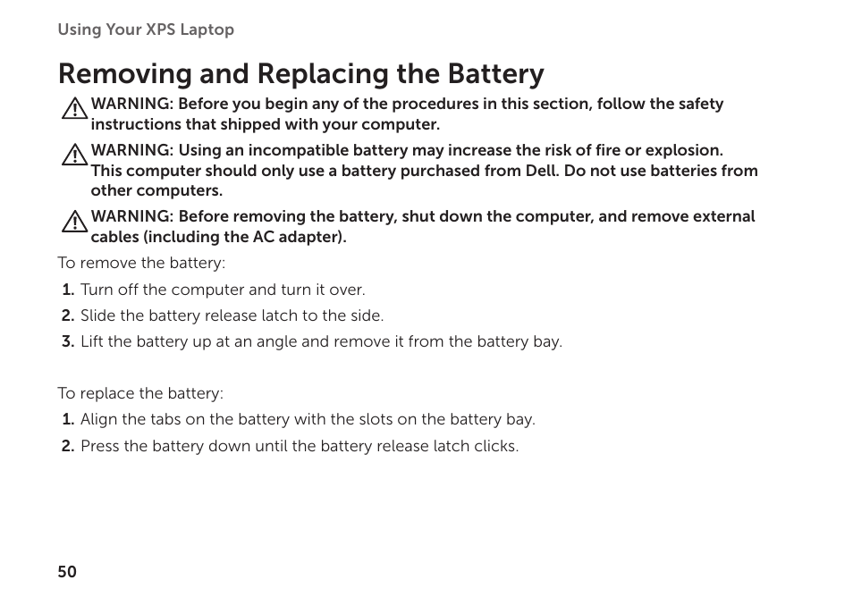 Removing and replacing the battery | Dell XPS 15 (L502X, Early 2011) User Manual | Page 52 / 112