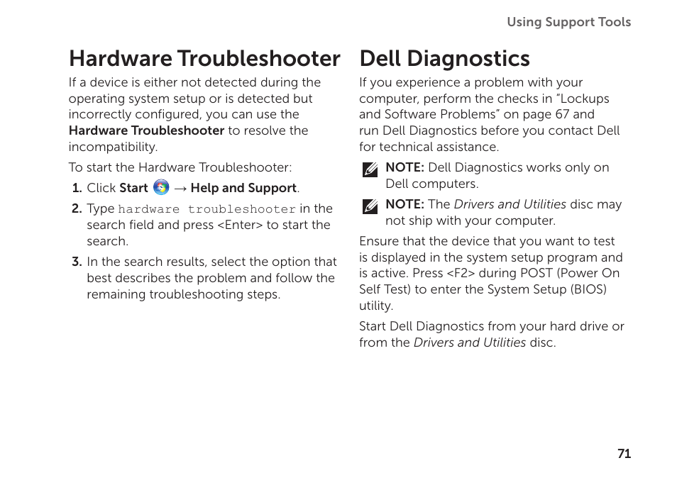 Hardware troubleshooter, Dell diagnostics, Hardware troubleshooter dell diagnostics | Run dell diagnostics (see “dell | Dell XPS 15 (L502X, Early 2011) User Manual | Page 73 / 112