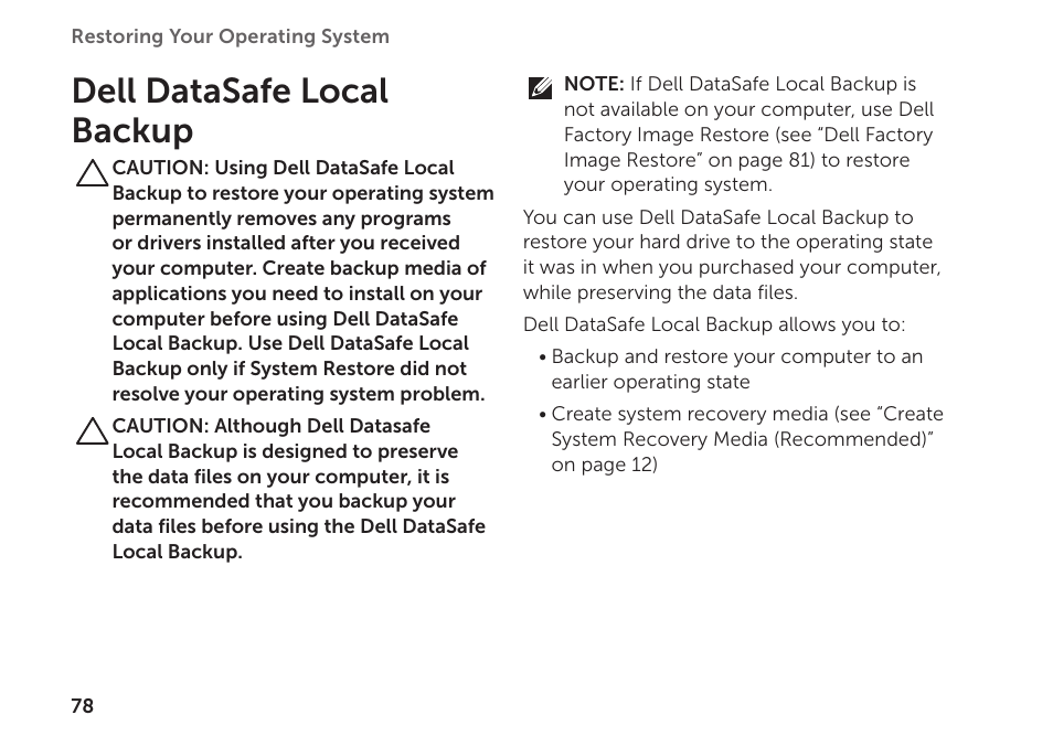 Dell datasafe local backup | Dell XPS 15 (L502X, Early 2011) User Manual | Page 80 / 112