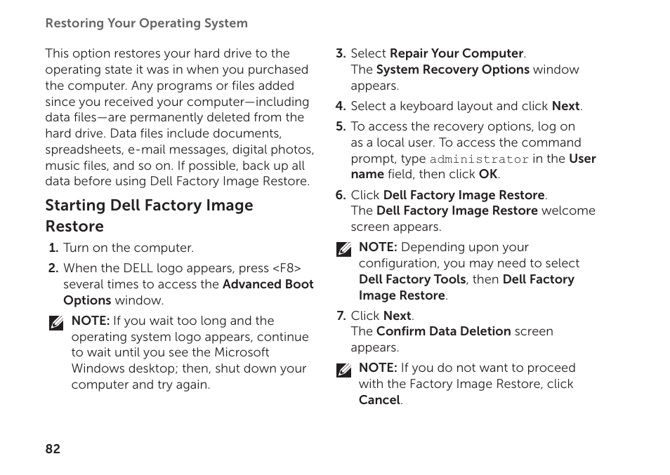 Starting dell factory image restore | Dell XPS 15 (L502X, Early 2011) User Manual | Page 84 / 112