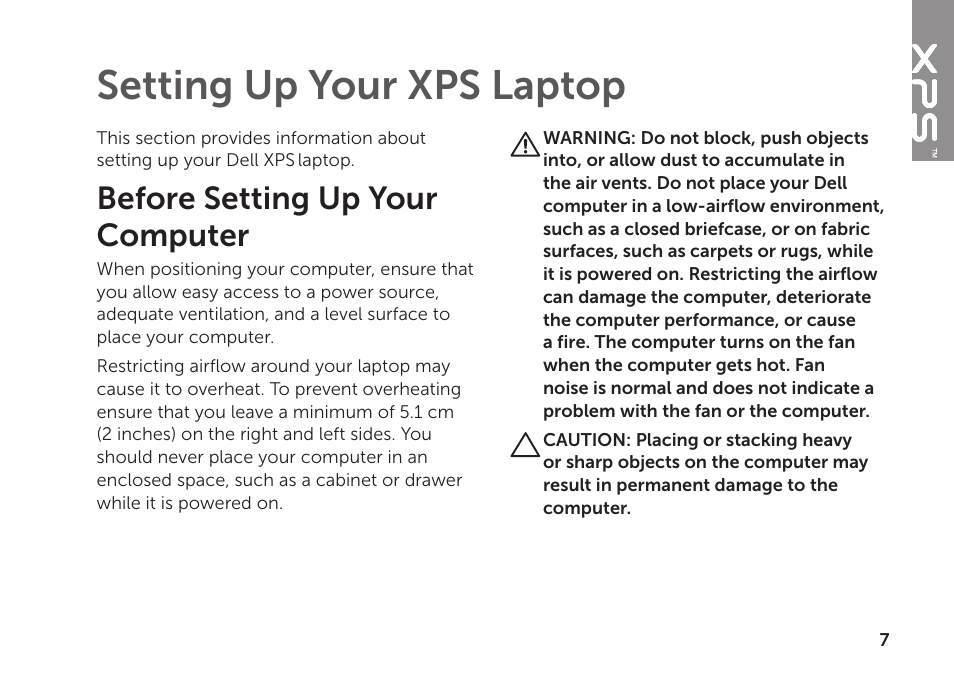 Setting up your xps laptop, Before setting up your computer | Dell XPS 15 (L502X, Early 2011) User Manual | Page 9 / 112