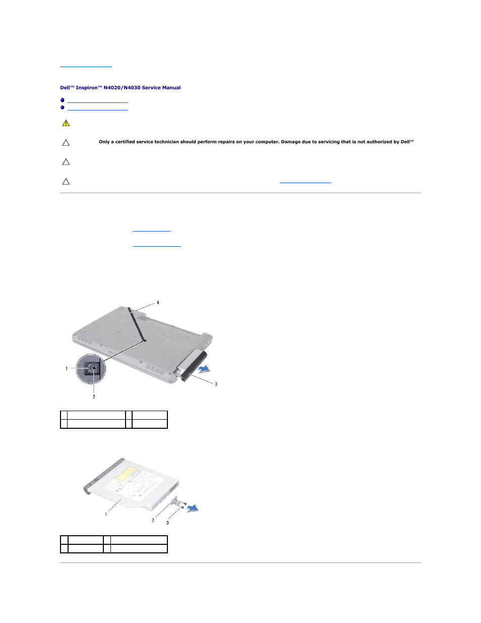 Optical drive, Removing the optical drive | Dell Inspiron 14 (N4030, Mid 2010) User Manual | Page 34 / 47