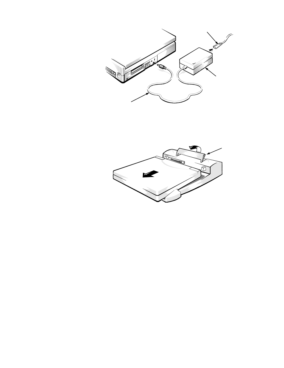 Figure 4-3, Ac adapter removal -4, Figure 4-4 | Computer removal from replicator -4, Figure 4-3. ac adapter removal, Figure 4-4. computer removal from replicator | Dell Inspiron 3200 User Manual | Page 40 / 112
