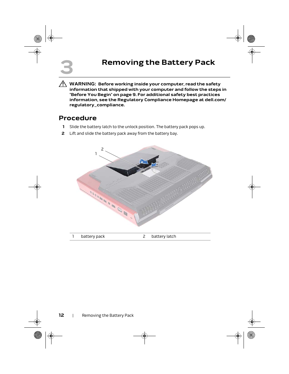 Removing the battery pack, Procedure | Dell Alienware M18x R2 (Early 2012) User Manual | Page 12 / 103