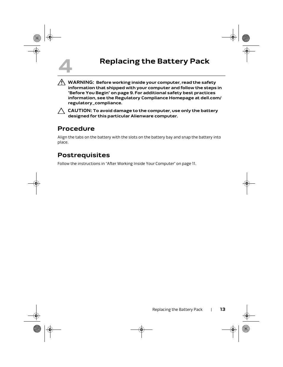 Replacing the battery pack, Procedure, Postrequisites | Dell Alienware M18x R2 (Early 2012) User Manual | Page 13 / 103
