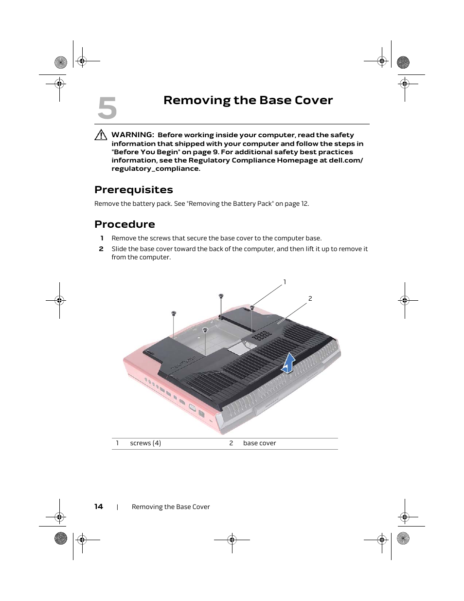 Removing the base cover, Prerequisites, Procedure | Dell Alienware M18x R2 (Early 2012) User Manual | Page 14 / 103