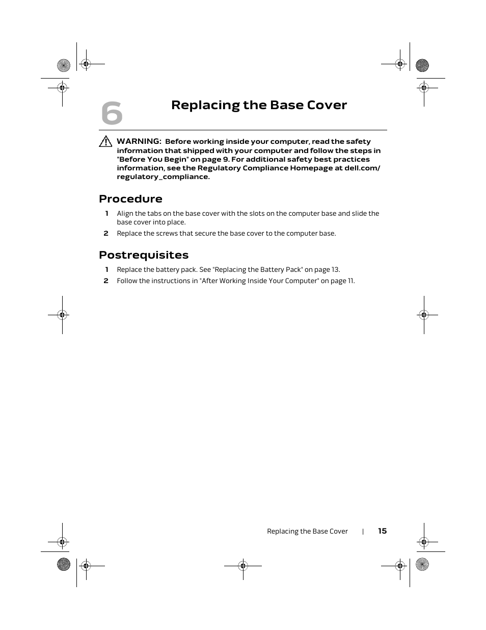 Replacing the base cover, Procedure, Postrequisites | Dell Alienware M18x R2 (Early 2012) User Manual | Page 15 / 103