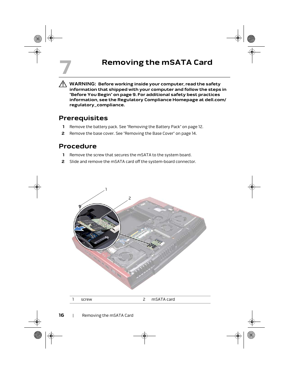 Removing the msata card, Prerequisites, Procedure | Dell Alienware M18x R2 (Early 2012) User Manual | Page 16 / 103