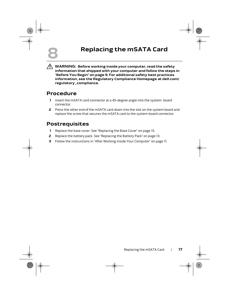 Replacing the msata card, Procedure, Postrequisites | Dell Alienware M18x R2 (Early 2012) User Manual | Page 17 / 103