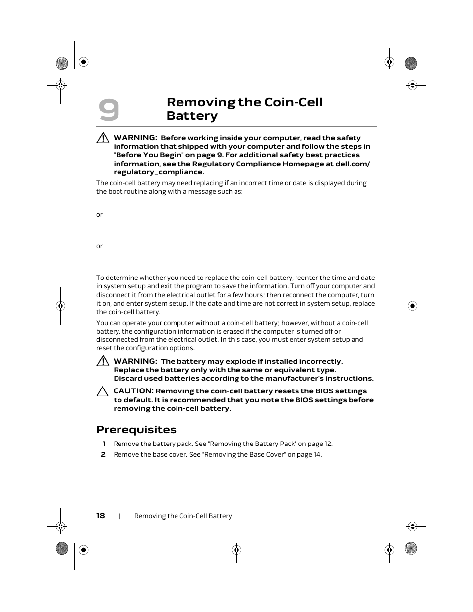 Removing the coin-cell battery, Prerequisites | Dell Alienware M18x R2 (Early 2012) User Manual | Page 18 / 103