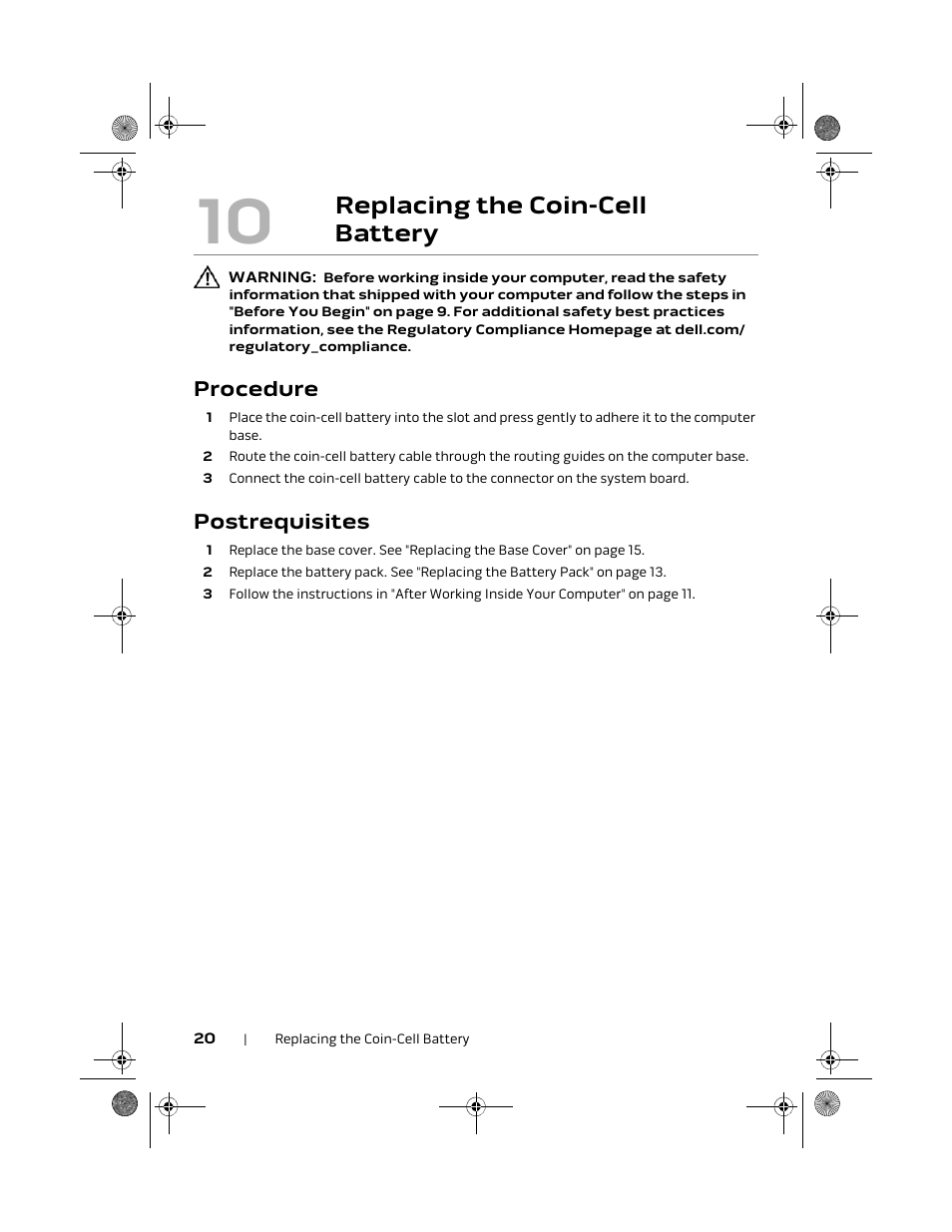 Replacing the coin-cell battery, Procedure, Postrequisites | Dell Alienware M18x R2 (Early 2012) User Manual | Page 20 / 103
