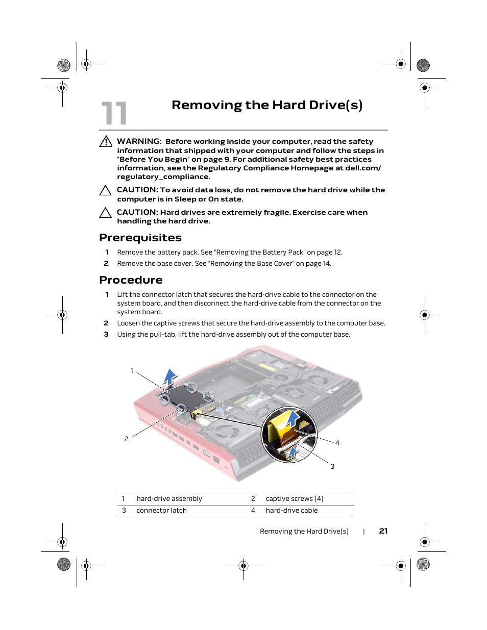 Removing the hard drive(s), Prerequisites, Procedure | Dell Alienware M18x R2 (Early 2012) User Manual | Page 21 / 103