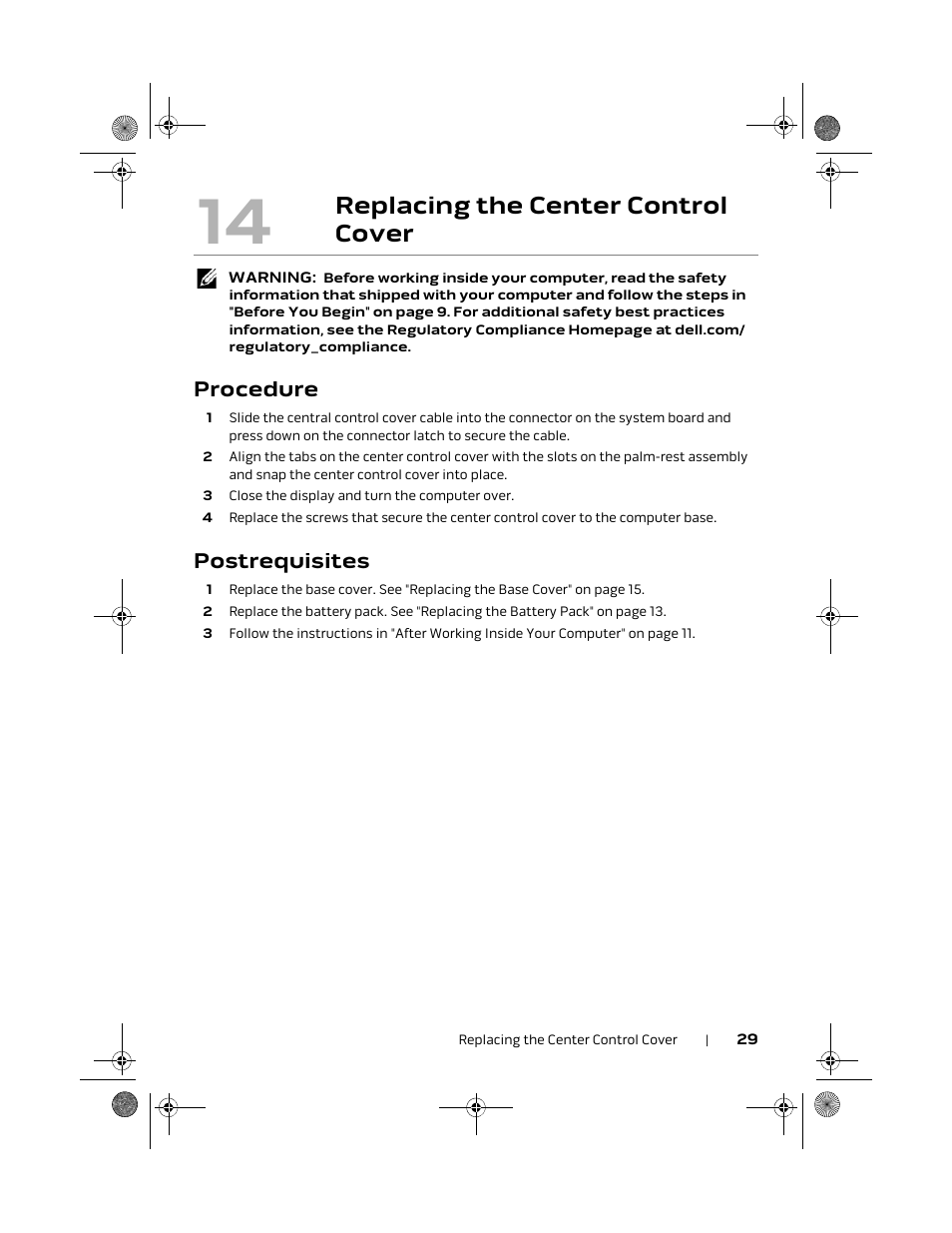Replacing the center control cover, Procedure, Postrequisites | Dell Alienware M18x R2 (Early 2012) User Manual | Page 27 / 103