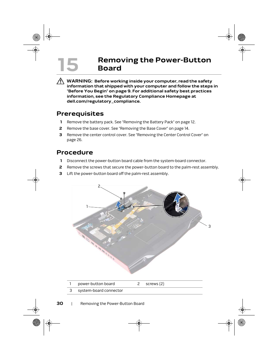 Removing the power-button board, Prerequisites, Procedure | Dell Alienware M18x R2 (Early 2012) User Manual | Page 28 / 103