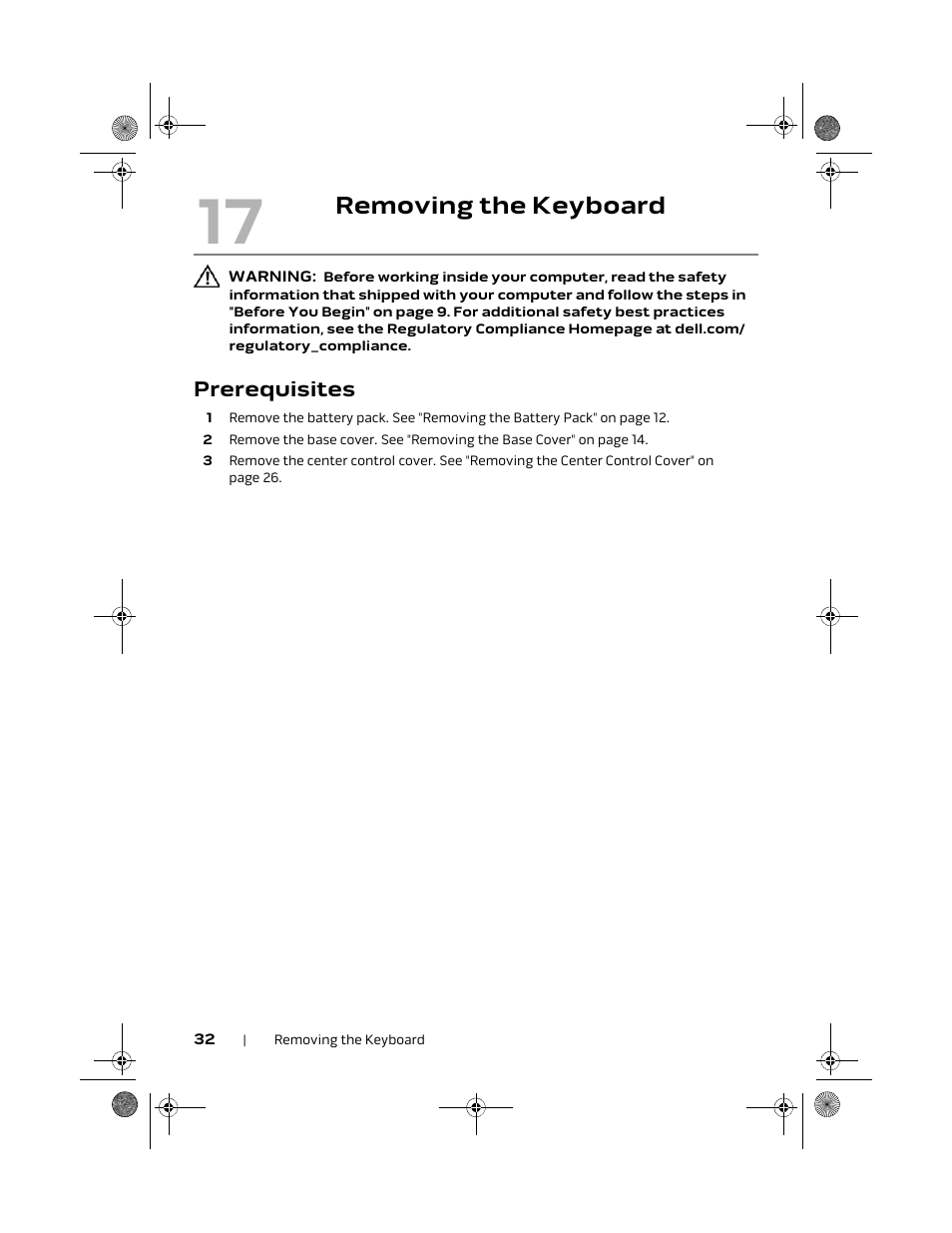 Removing the keyboard, Prerequisites | Dell Alienware M18x R2 (Early 2012) User Manual | Page 30 / 103