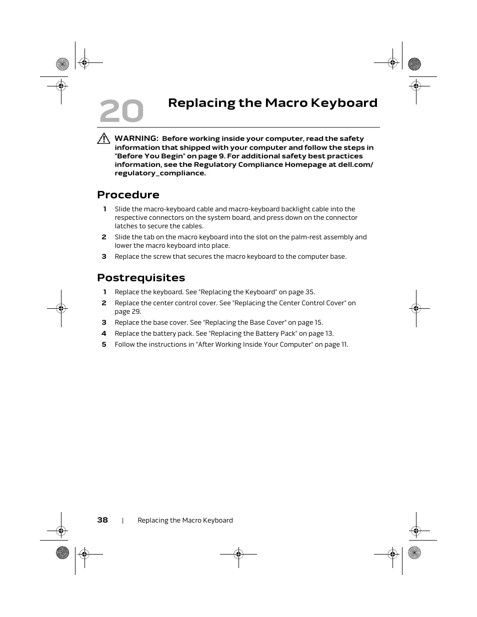 Replacing the macro keyboard, Procedure, Postrequisites | Dell Alienware M18x R2 (Early 2012) User Manual | Page 36 / 103