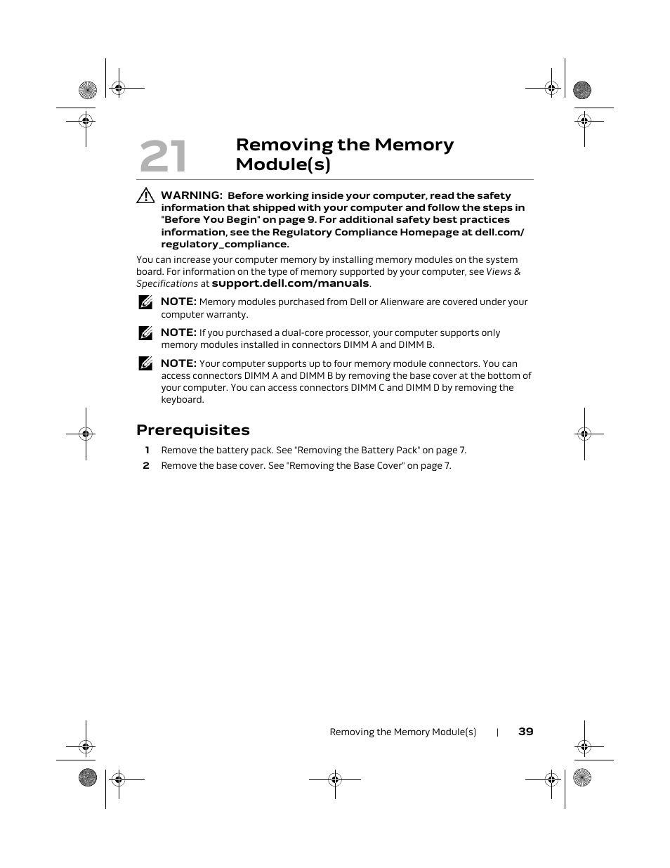 Removing the memory module(s), Prerequisites | Dell Alienware M18x R2 (Early 2012) User Manual | Page 37 / 103