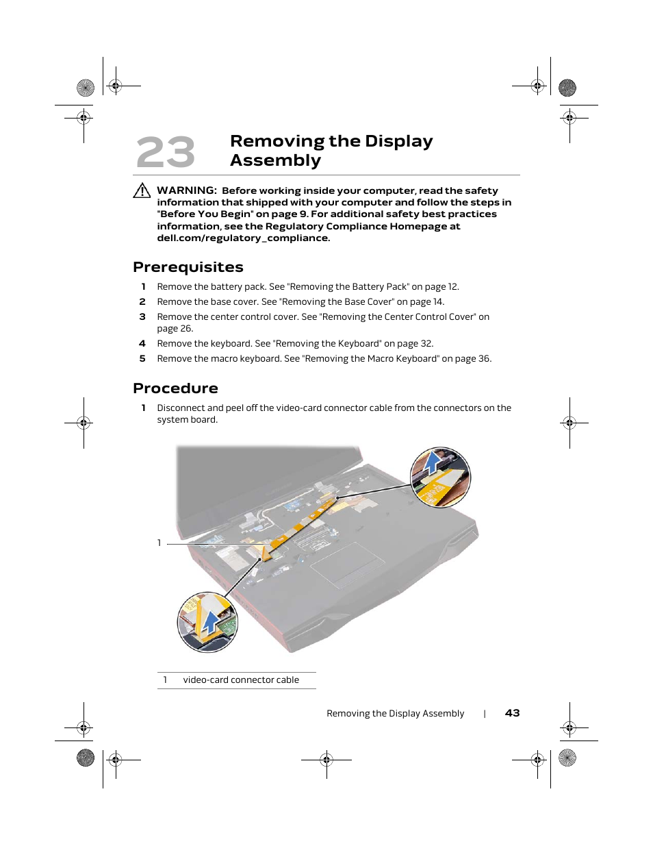 Removing the display assembly, Prerequisites, Procedure | Dell Alienware M18x R2 (Early 2012) User Manual | Page 41 / 103