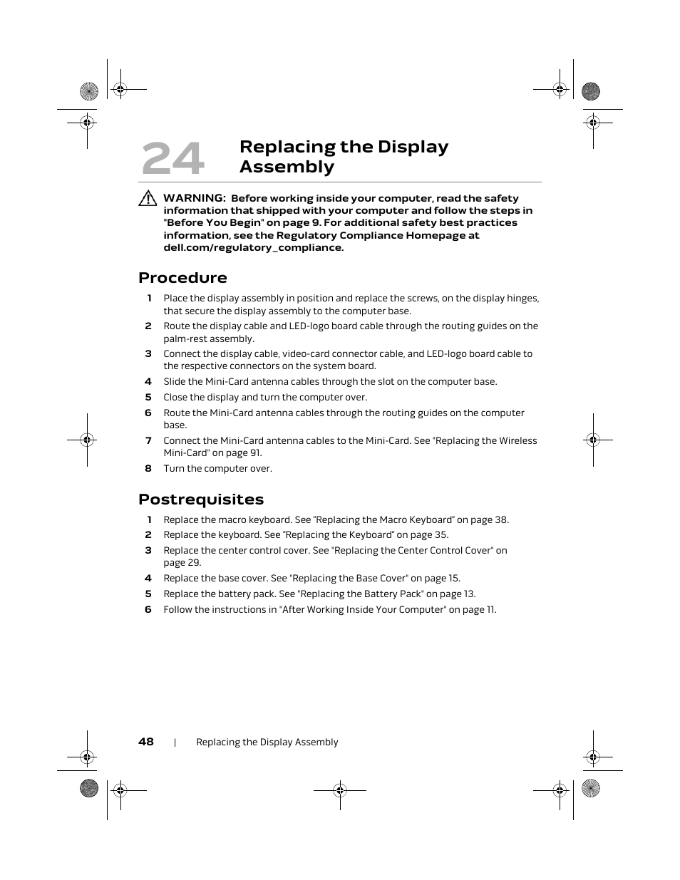 Replacing the display assembly, Procedure, Postrequisites | Dell Alienware M18x R2 (Early 2012) User Manual | Page 46 / 103