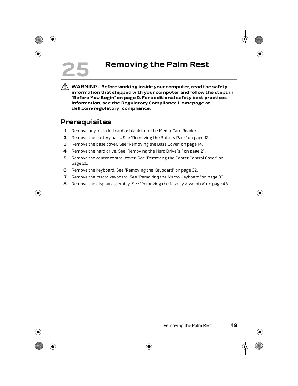 Removing the palm rest, Prerequisites | Dell Alienware M18x R2 (Early 2012) User Manual | Page 47 / 103