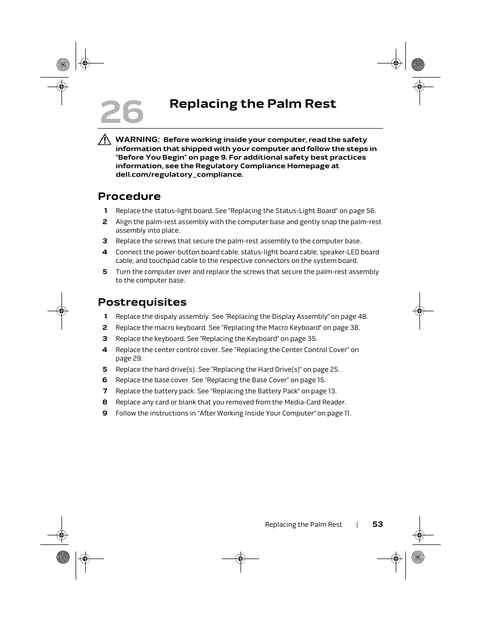 Replacing the palm rest, Procedure, Postrequisites | Dell Alienware M18x R2 (Early 2012) User Manual | Page 51 / 103