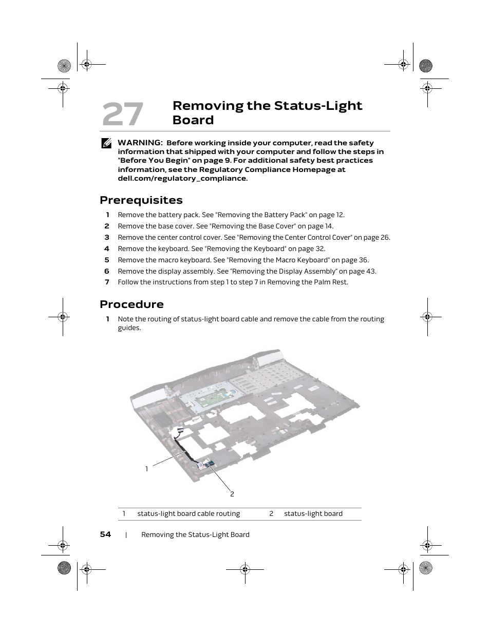 Removing the status-light board, Prerequisites, Procedure | Dell Alienware M18x R2 (Early 2012) User Manual | Page 52 / 103