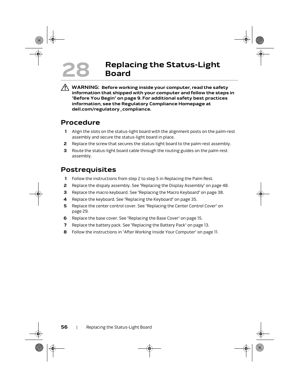 Replacing the status-light board, Procedure, Postrequisites | Dell Alienware M18x R2 (Early 2012) User Manual | Page 54 / 103