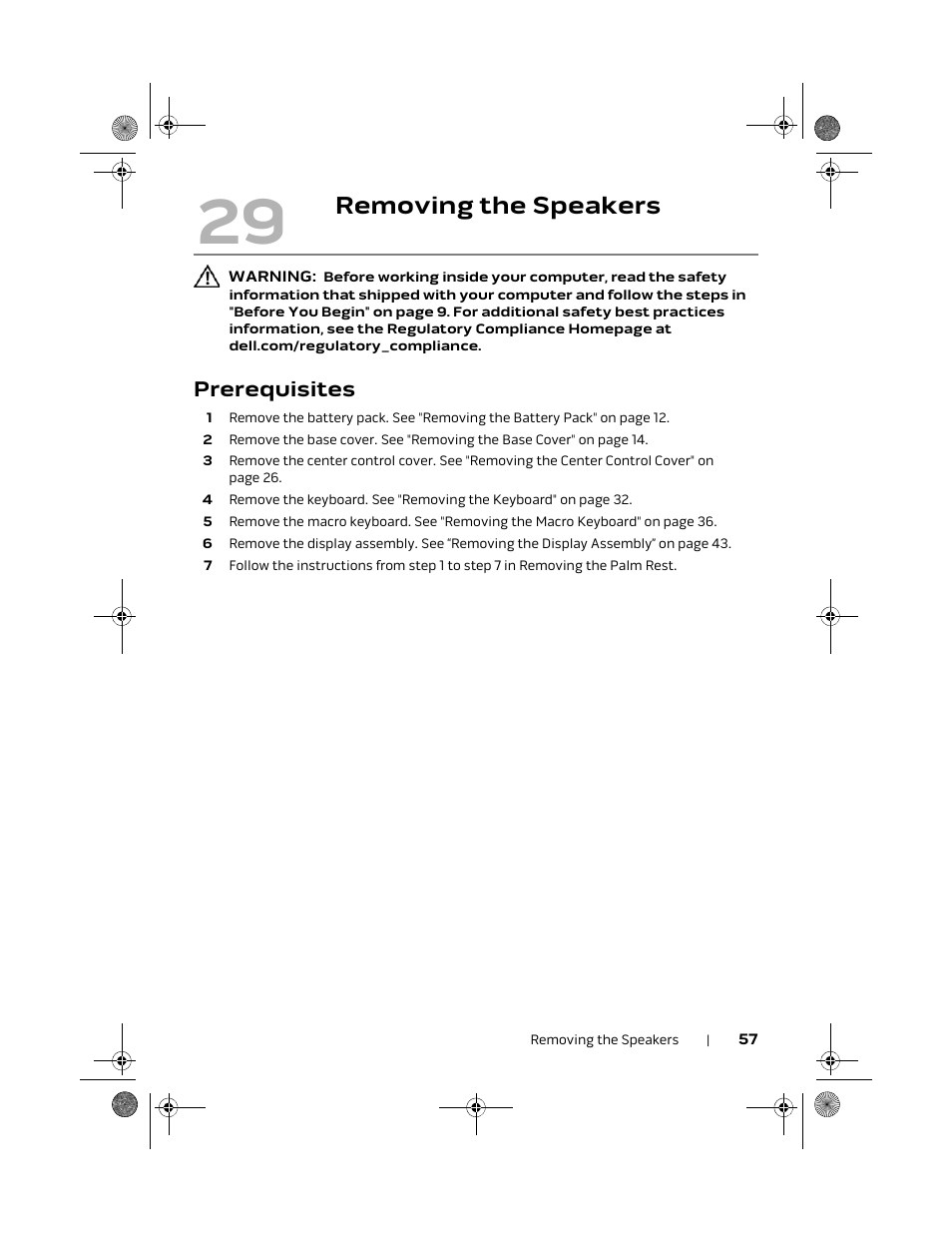 Removing the speakers, Prerequisites | Dell Alienware M18x R2 (Early 2012) User Manual | Page 55 / 103