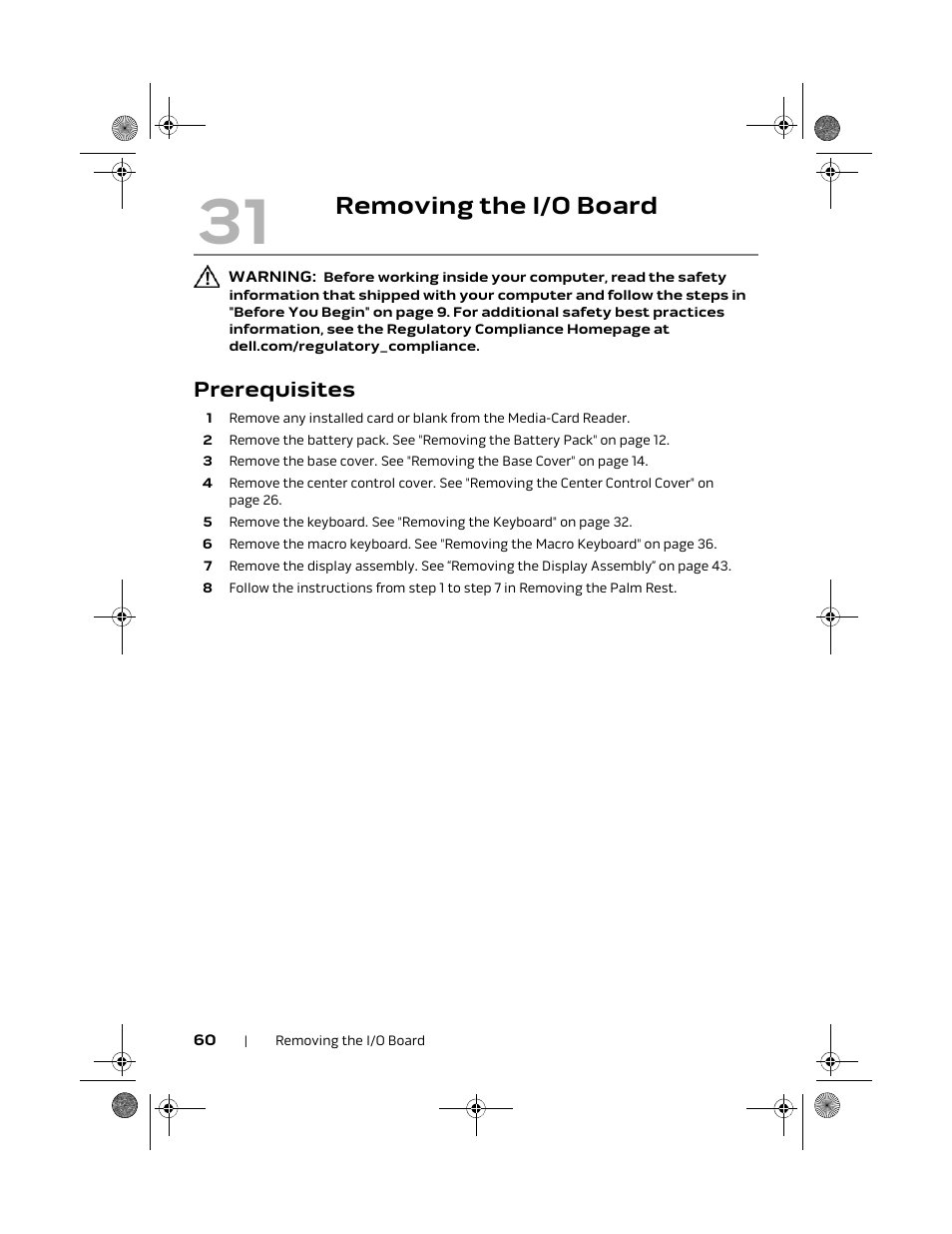 Removing the i/o board, Prerequisites | Dell Alienware M18x R2 (Early 2012) User Manual | Page 58 / 103