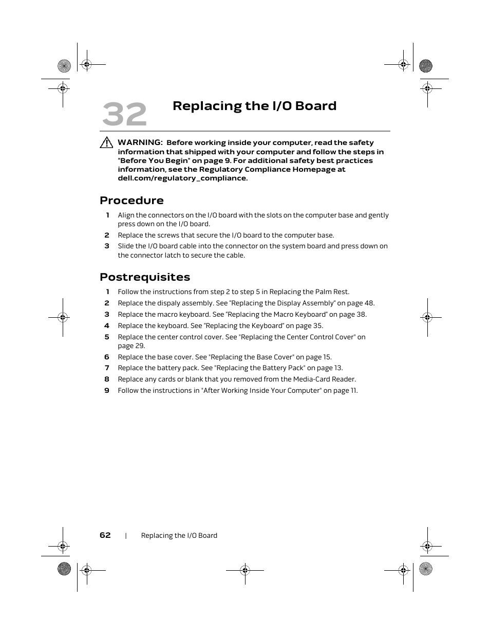 Replacing the i/o board, Procedure, Postrequisites | Dell Alienware M18x R2 (Early 2012) User Manual | Page 60 / 103