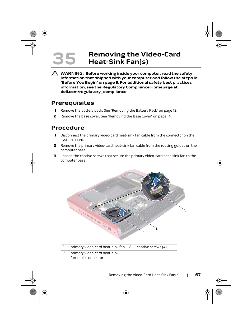 Removing the video-card heat-sink fan(s), Prerequisites, Procedure | Dell Alienware M18x R2 (Early 2012) User Manual | Page 65 / 103