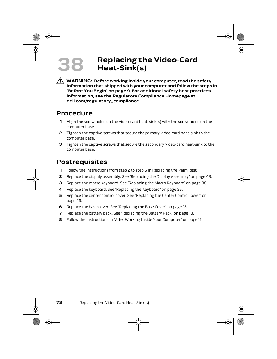 Replacing the video-card heat-sink(s), Procedure, Postrequisites | Dell Alienware M18x R2 (Early 2012) User Manual | Page 70 / 103