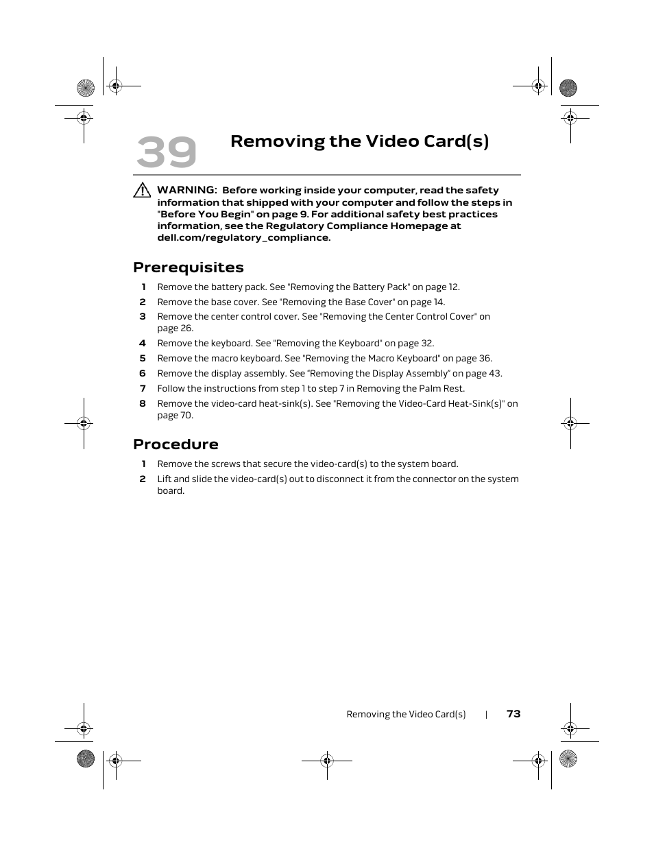 Removing the video card(s), Prerequisites, Procedure | Dell Alienware M18x R2 (Early 2012) User Manual | Page 71 / 103