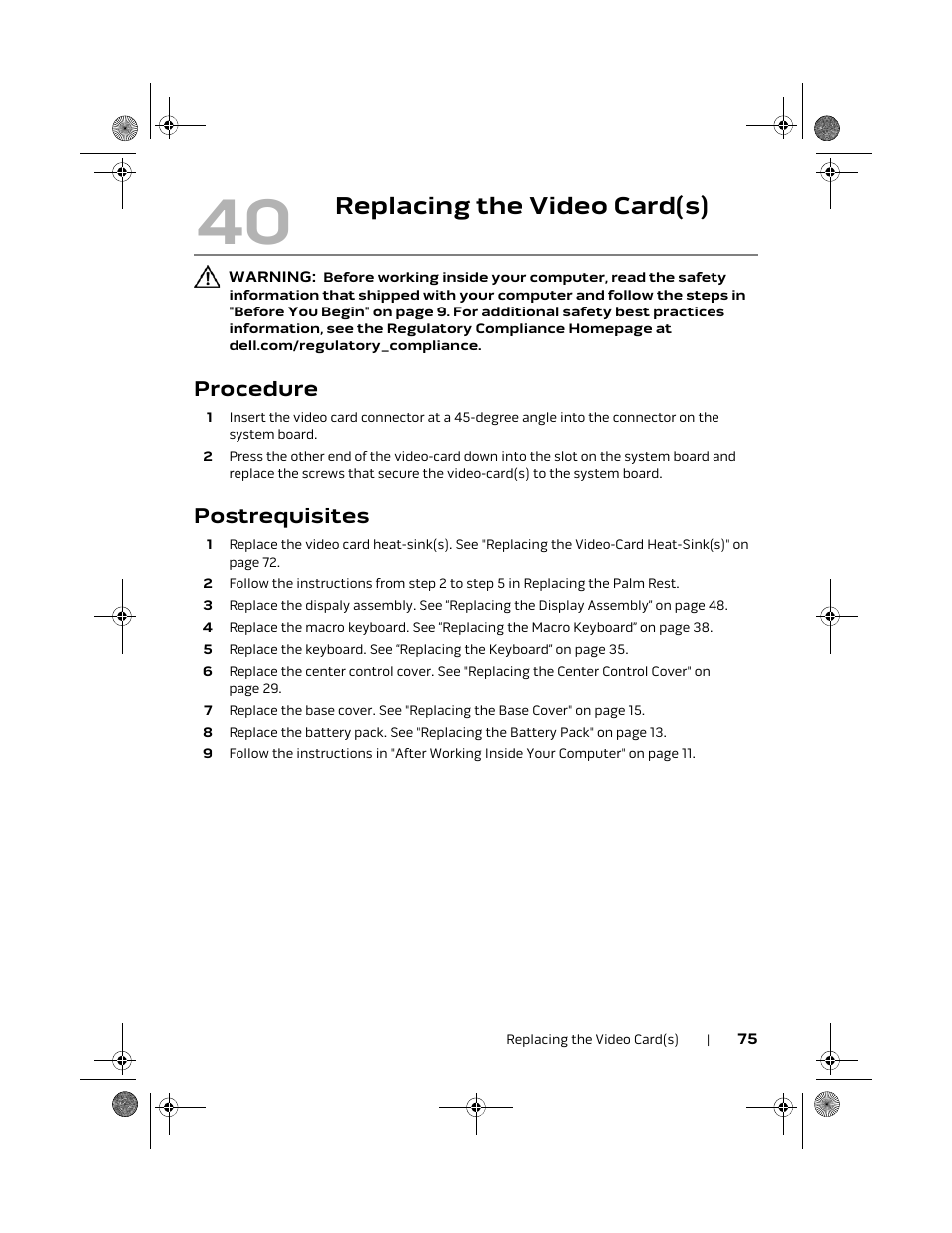 Replacing the video card(s), Procedure, Postrequisites | Dell Alienware M18x R2 (Early 2012) User Manual | Page 73 / 103