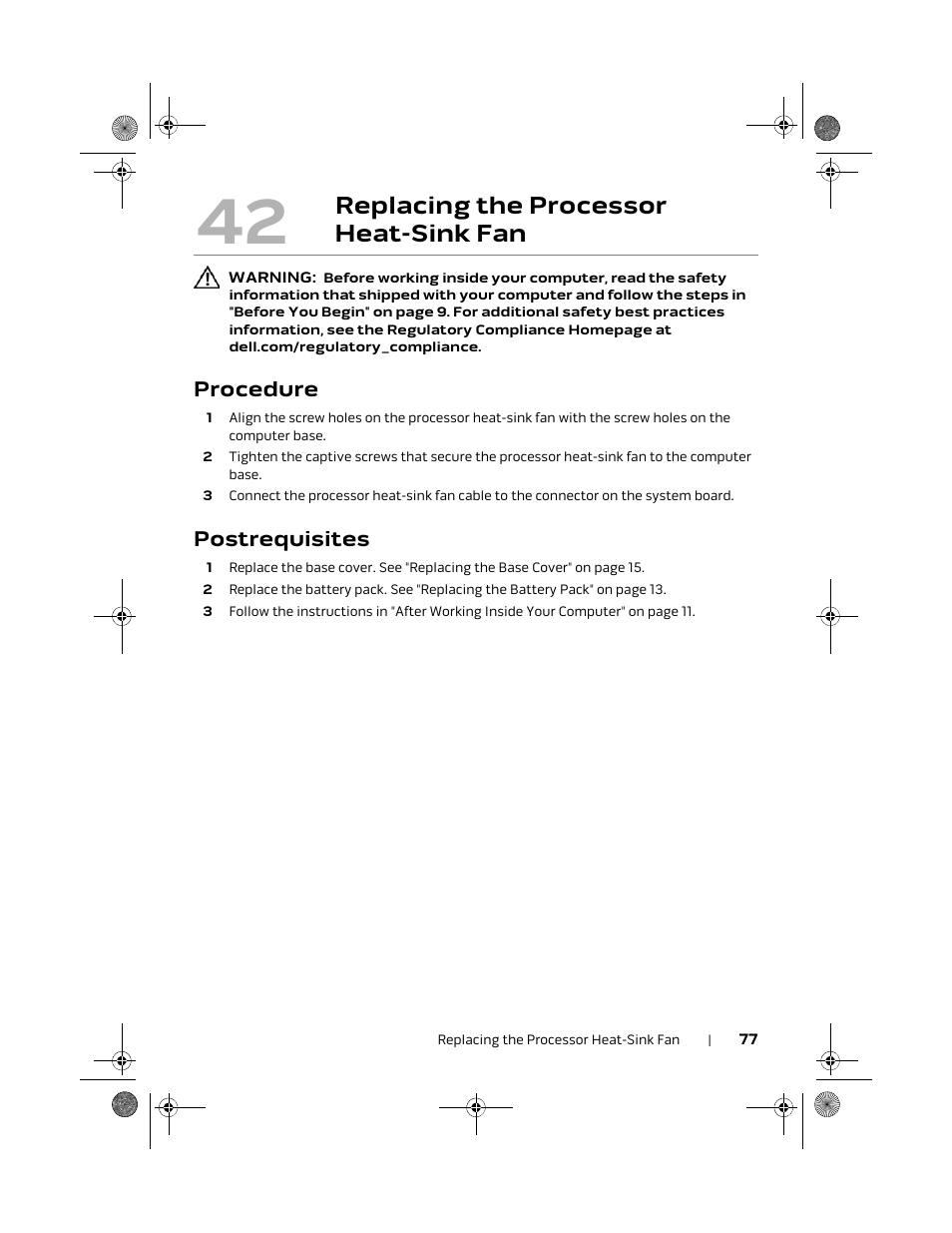 Replacing the processor heat-sink fan, Procedure, Postrequisites | Dell Alienware M18x R2 (Early 2012) User Manual | Page 75 / 103
