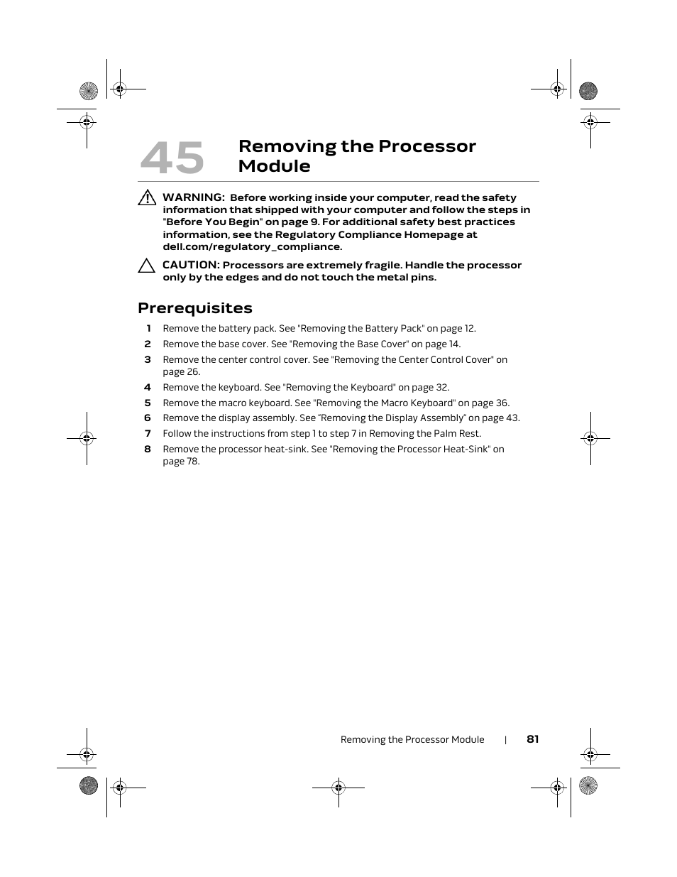 Removing the processor module, Prerequisites | Dell Alienware M18x R2 (Early 2012) User Manual | Page 79 / 103