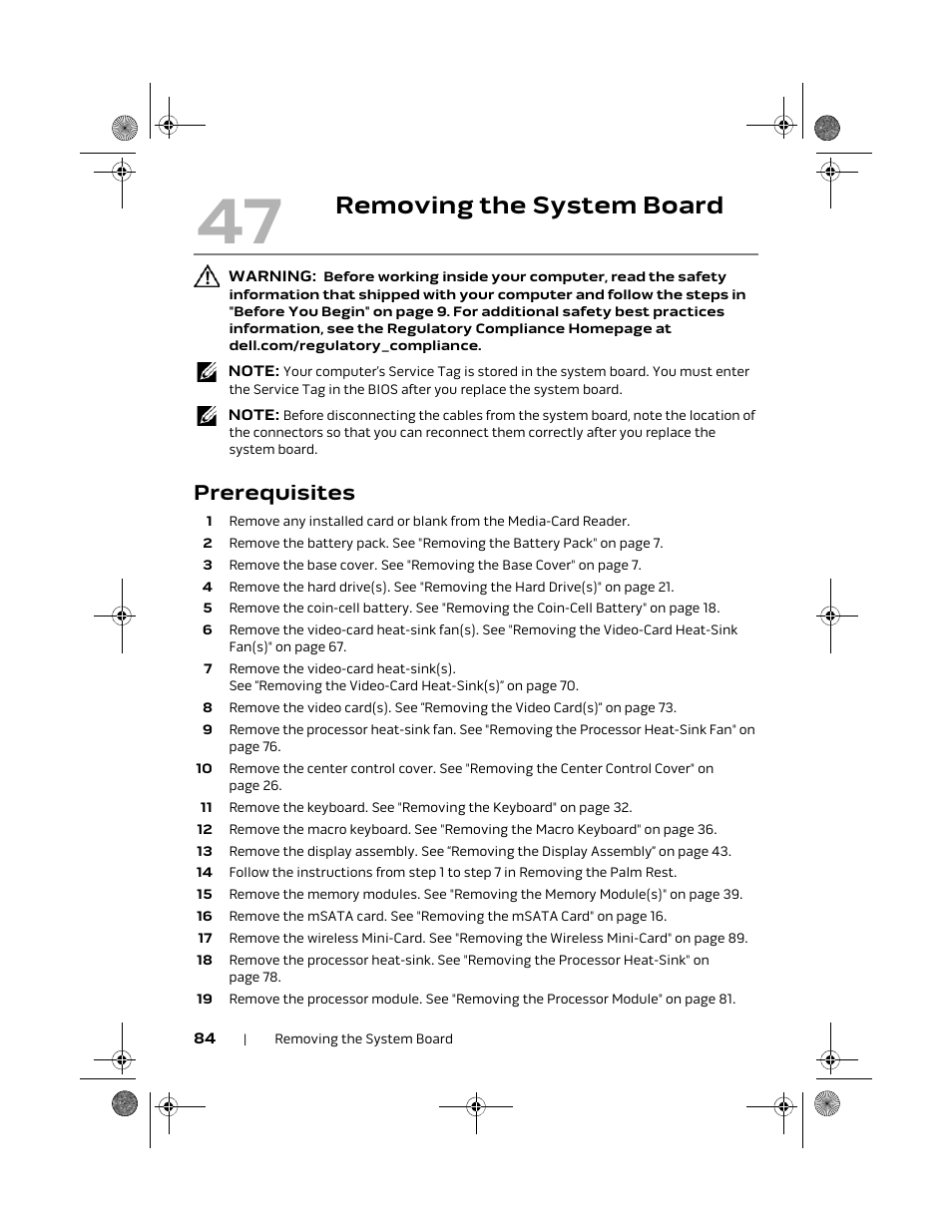 Removing the system board, Prerequisites | Dell Alienware M18x R2 (Early 2012) User Manual | Page 82 / 103