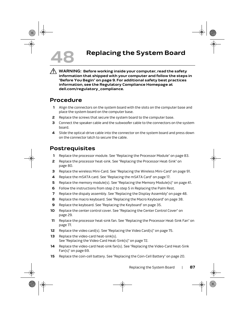 Replacing the system board, Procedure, Postrequisites | Dell Alienware M18x R2 (Early 2012) User Manual | Page 85 / 103