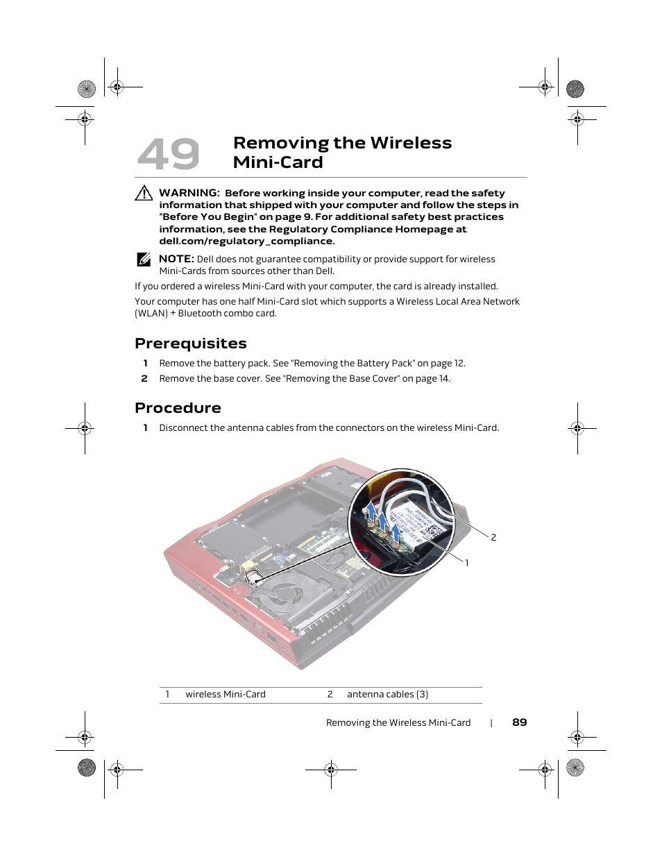 Removing the wireless mini-card, Prerequisites, Procedure | Dell Alienware M18x R2 (Early 2012) User Manual | Page 87 / 103