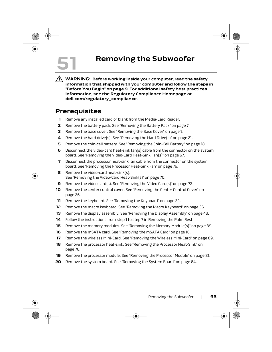 Removing the subwoofer, Prerequisites | Dell Alienware M18x R2 (Early 2012) User Manual | Page 91 / 103