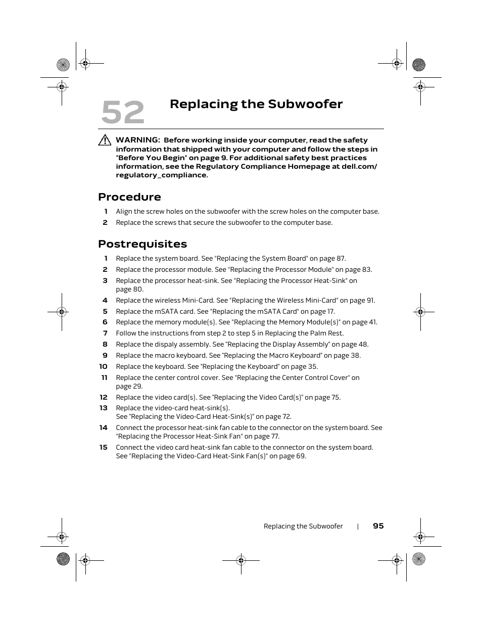 Replacing the subwoofer, Procedure, Postrequisites | Dell Alienware M18x R2 (Early 2012) User Manual | Page 93 / 103